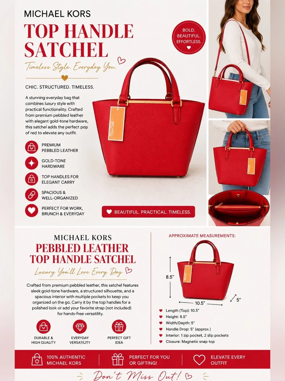 NWT Red Michael Kors Pebbled Leather Top Handle Satchel Crossbody Bag